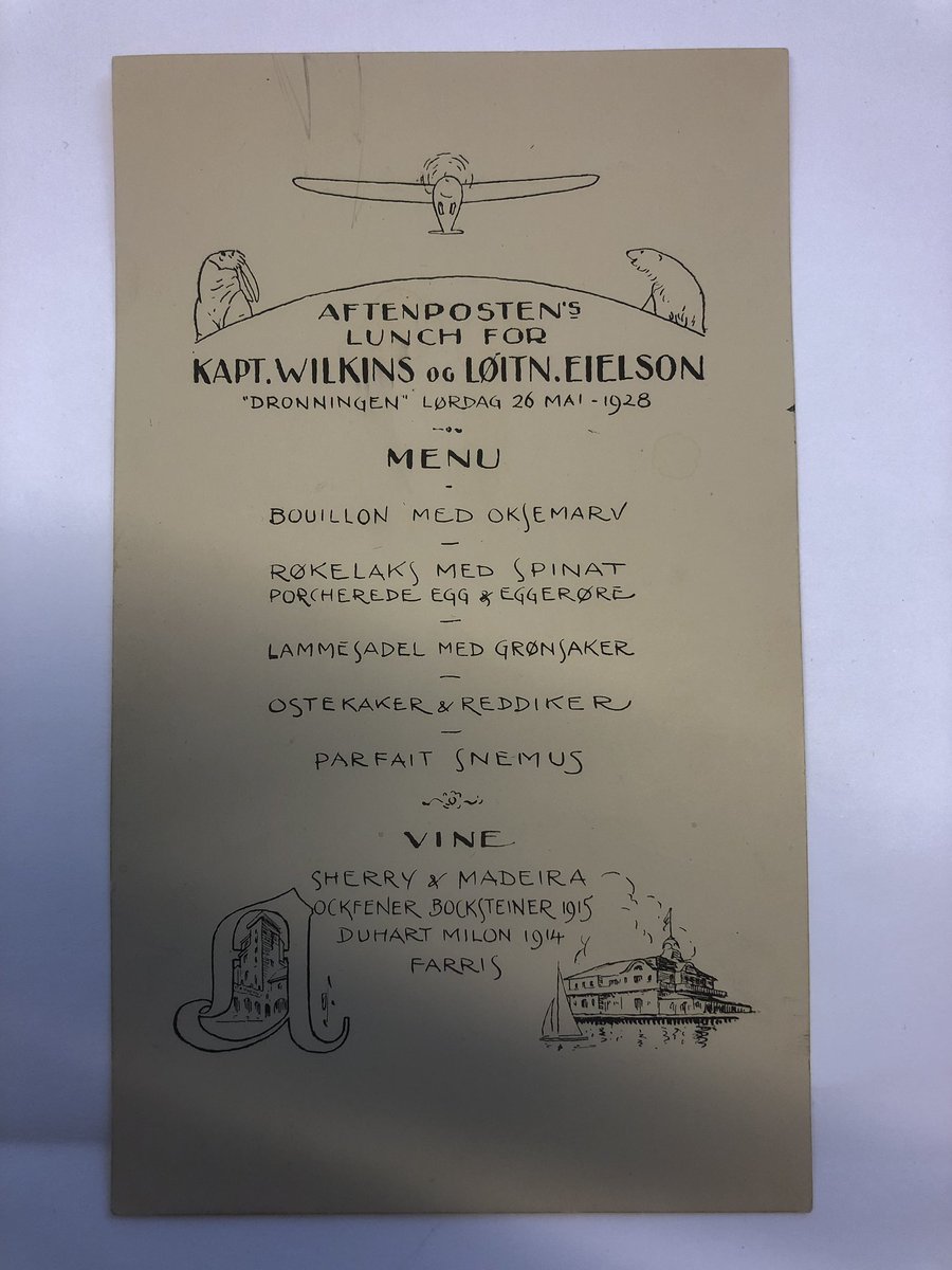 FramMuseum's tweet photo. Have you seen the Amundsen film? In the end he is attending the @Aftenposten lunch for polar pilots Wilkins &amp; Eielson. Here is the original menu from that lunch. Recognize any other famous explorer’s names from the signatures? #roaldamundsen #fram #gjoa #frammuseet https://t.co/6oOZDZFLTp