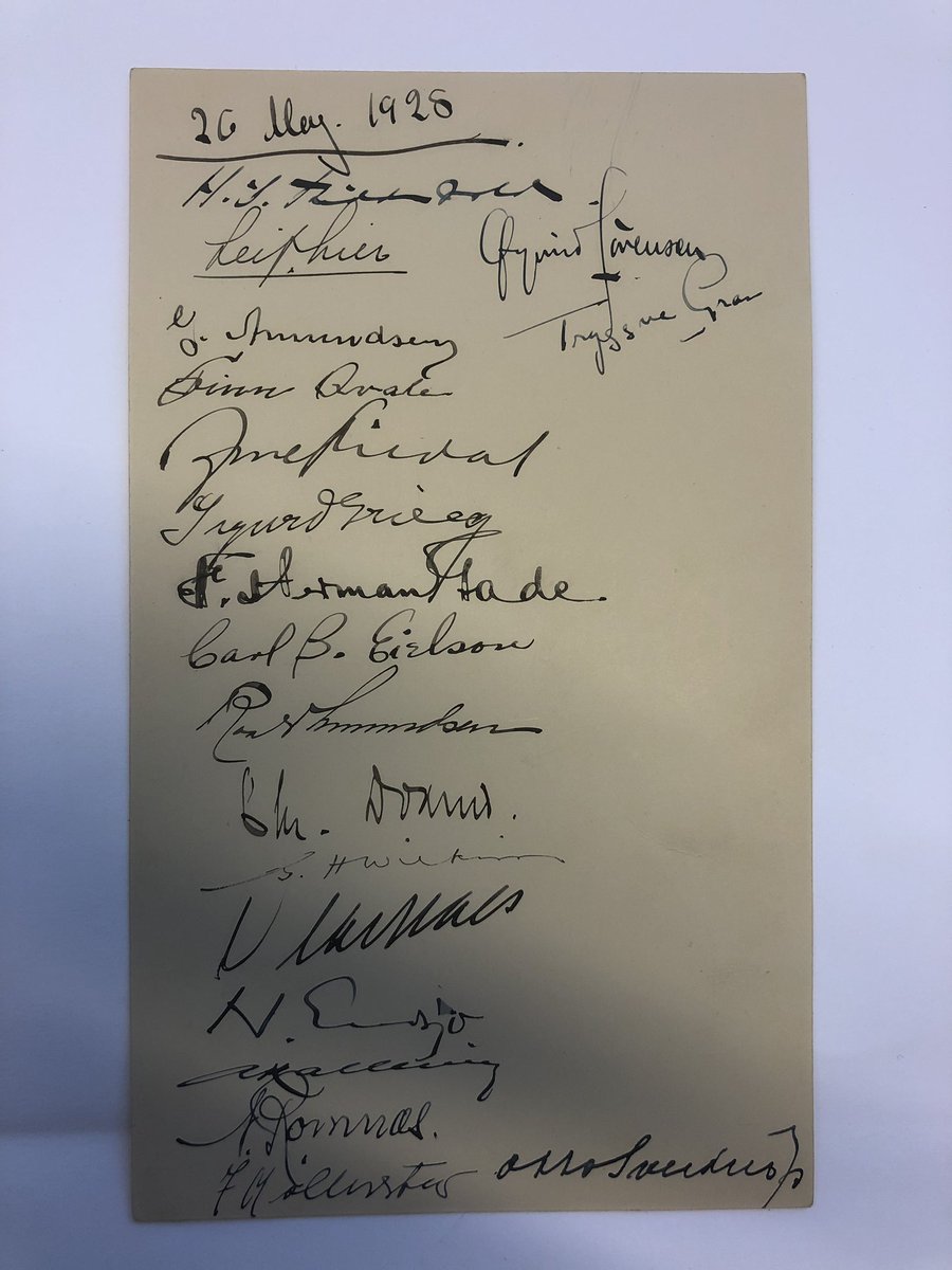 FramMuseum's tweet photo. Have you seen the Amundsen film? In the end he is attending the @Aftenposten lunch for polar pilots Wilkins &amp; Eielson. Here is the original menu from that lunch. Recognize any other famous explorer’s names from the signatures? #roaldamundsen #fram #gjoa #frammuseet https://t.co/6oOZDZFLTp