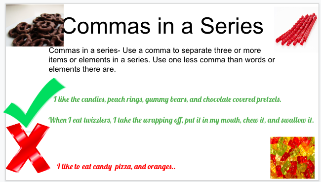 namsEnglish's tweet photo. Commas in a Series: Use a comma to separate three or more items or elements in a series. Use one less comma than words or elements from the list. #studentmade #commarules #grammar #namsenglish https://t.co/RpPQ0Mi733