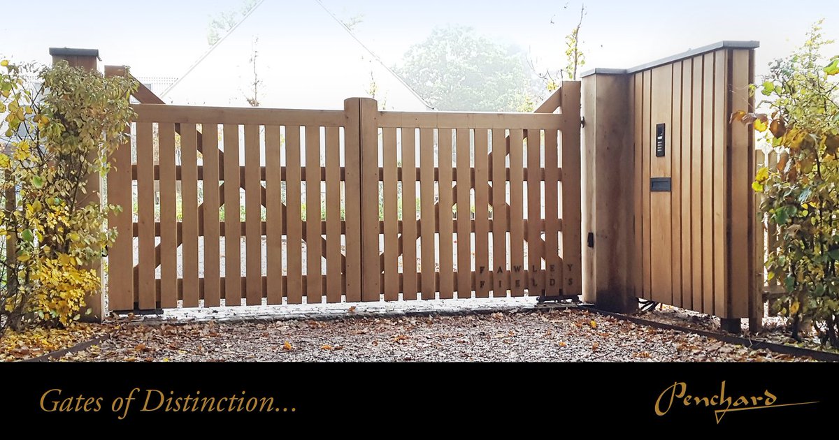 <a href="/PenchardUK/">Penchard UK</a> design options are endless!  #Architect needed gate style to fit in with modern property in rural area.  solid oak gates &amp; side panel with metal capping, for letterbox &amp; intercom panel. Automated with underground #FAAC system.  #modernproperty #entrancegates