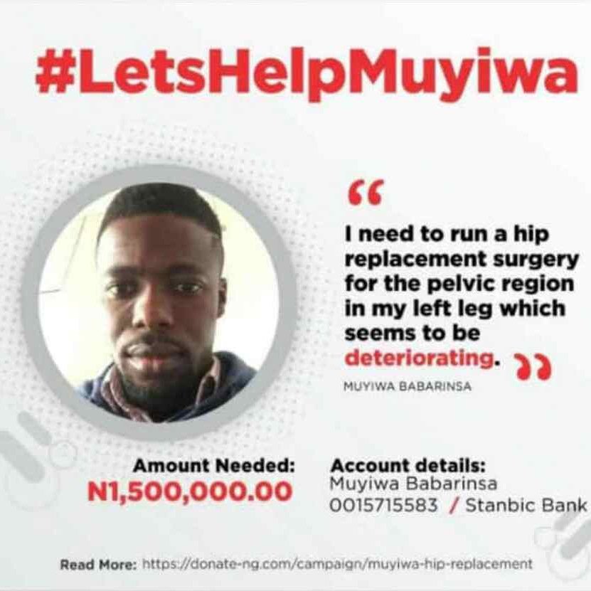 pass4lifeltd's tweet photo. #LetsHelpMuyiwa
Please a friends and collegue of ours need your support for a hip transplant. Please no amount is too small. Use this links for the donation.
https://t.co/5Faevs4Ttc
#PrimeDigitalNG #PrimeDigitalNigeria @DMM_Nigeria @AdmarpNG @DonateNG #DMM https://t.co/qVhww8k3UR
