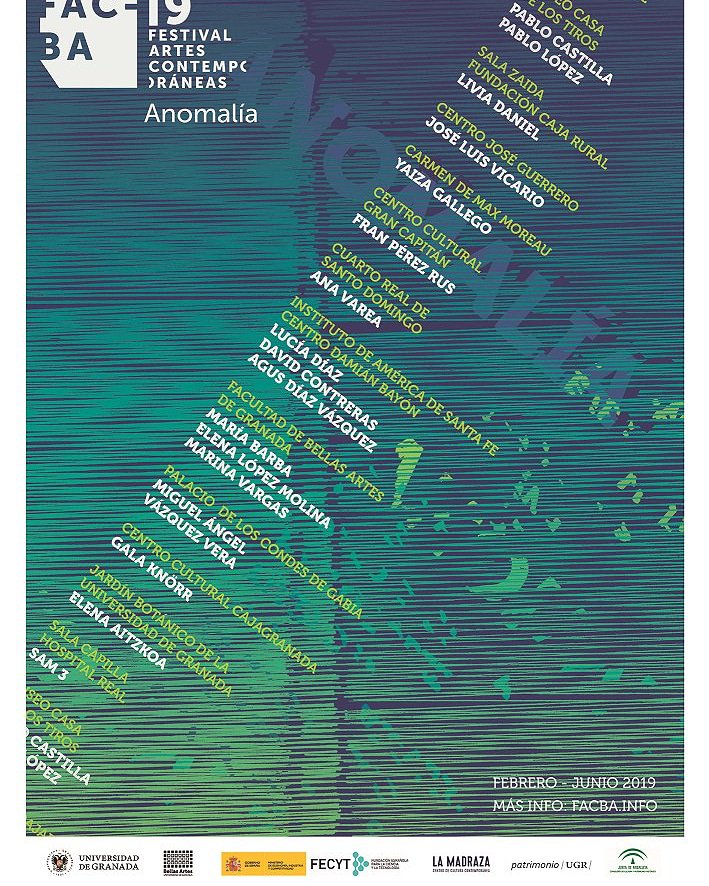 Comienza la edición FACBA19 (Festival de Arte Contemporáneo de la
Facultad de Bellas Artes)!!. Configurada este año por 16 proyectos de investigación artística que serán expuestos en 11 sedes distintas de la ciudad de Granada hasta junio. CJG: 10 de abril con J. L. Vicario.