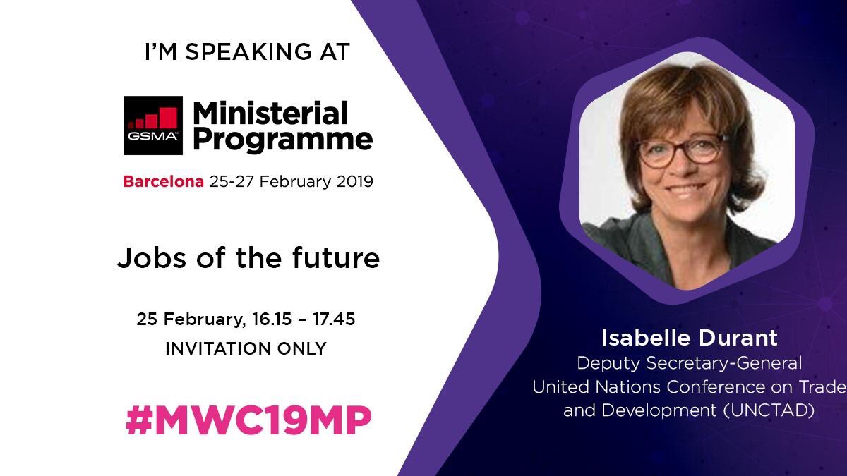 UNCTAD's tweet image. Are we ready for how #technology will change the way we work?

Our deputy secretary-general @Isabelle_Durant is at #MWC18 to share our thoughts on the impact of  #digitalization on employment and the skills people will need to get a job in the future.