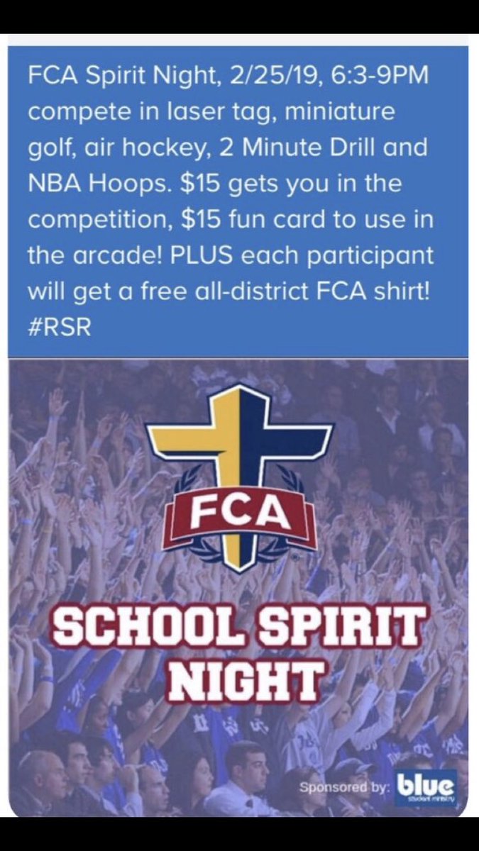 q_ford13's tweet photo. Hey FCA today! There is an all district day at Main Event today. 6:30-9. Compete against the other schools. $15 dollars gets you a t shirt and game card! https://t.co/6f5xK74Aef