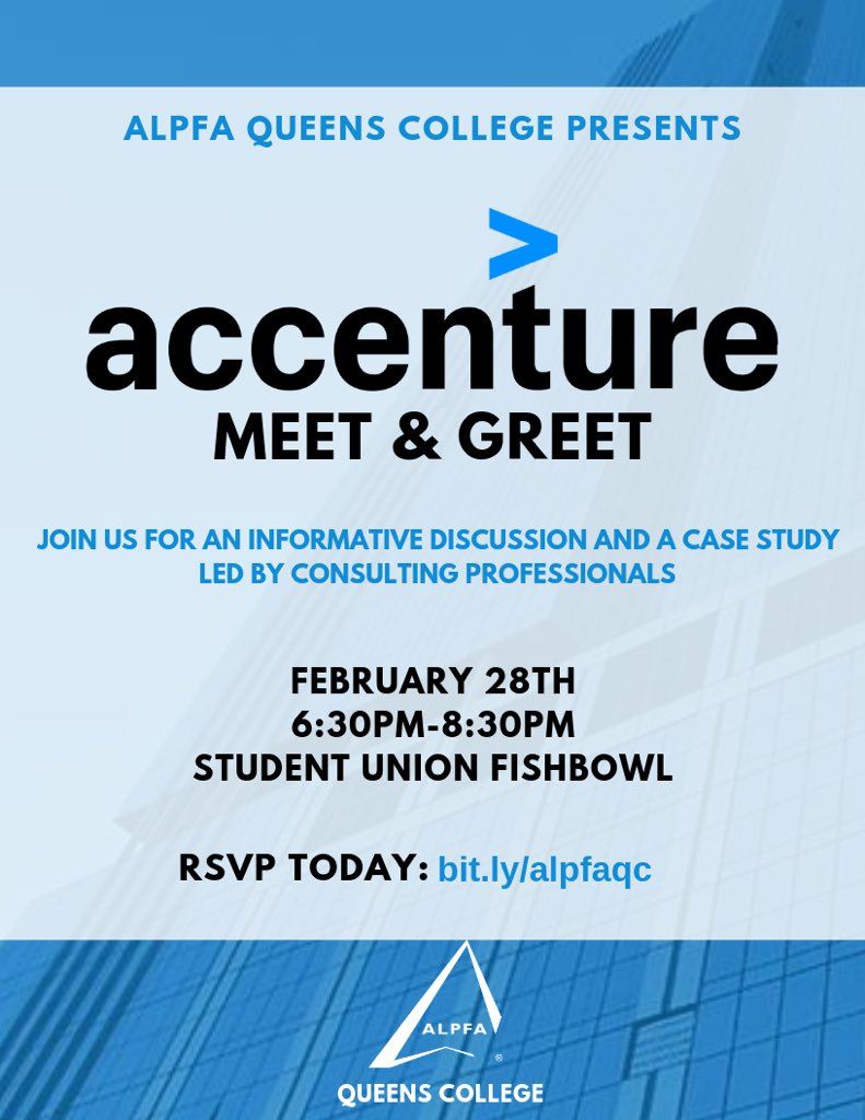 ALPFA_QC's tweet photo. Be sure to check out our Accenture Meet & Greet this Thursday! Accenture is a global management consulting and professional services firm. Join us to learn more about Accenture, participate in a case study, and network! #ALPFAmilia #alpfaqc #alpfany https://t.co/cnfZX15ZBe