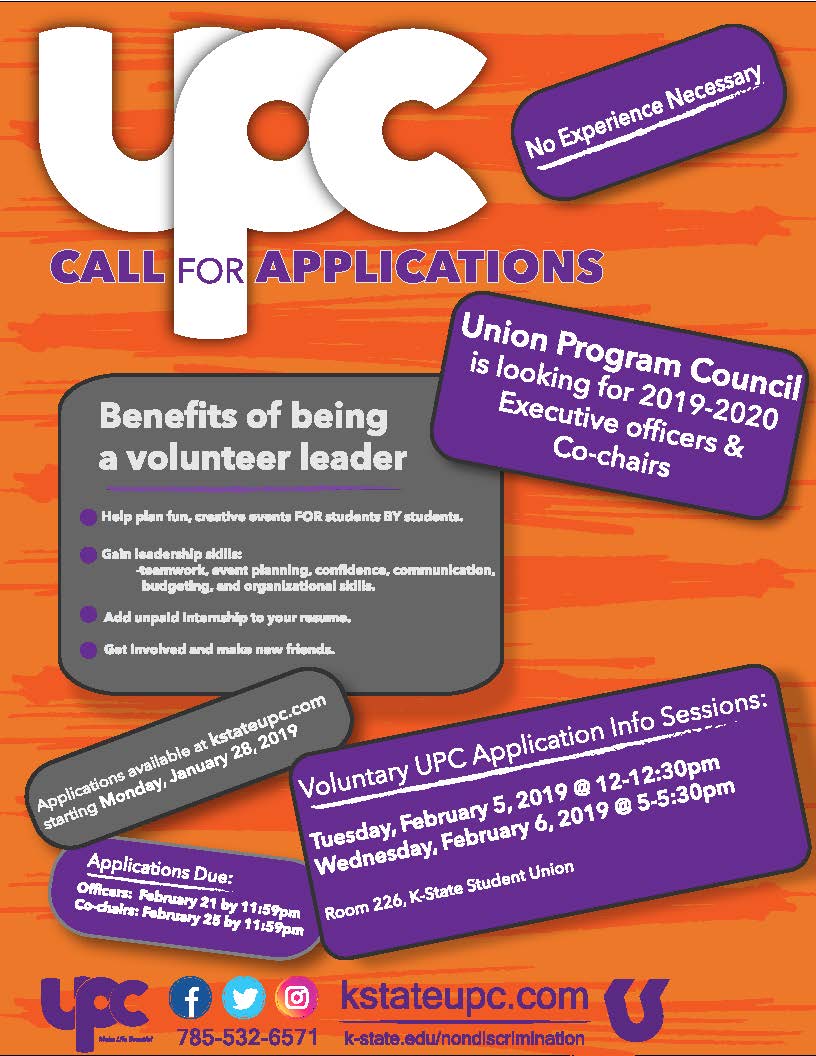 kstateUPC's tweet photo. Interested in event planning and looking to get involved? UPC Co-Chair Applications are due TONIGHT at 11:59pm! Application can be found on our website at https://t.co/Hd0SlCpuai https://t.co/JOxoMTDMtw