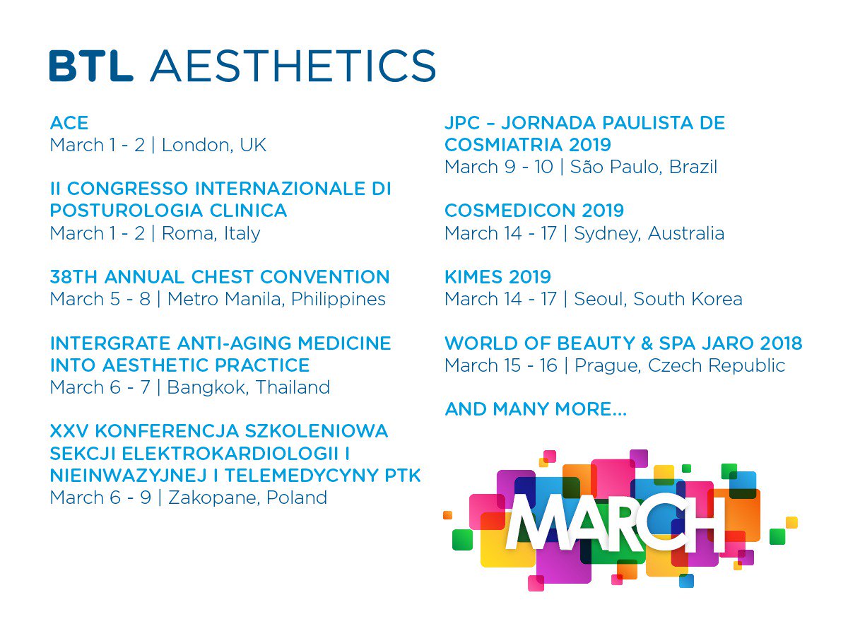 BTLaesthetics's tweet photo. #BTLAsthetics international events calendar for March 2019: https://t.co/80OLNVzQoz #CatchUsIfYouCan #ThinkDifferenTreatDifferent #BodyByBTL #MedicalAesthetics #LookDifferentFeelDifferent https://t.co/D25gZgRByk