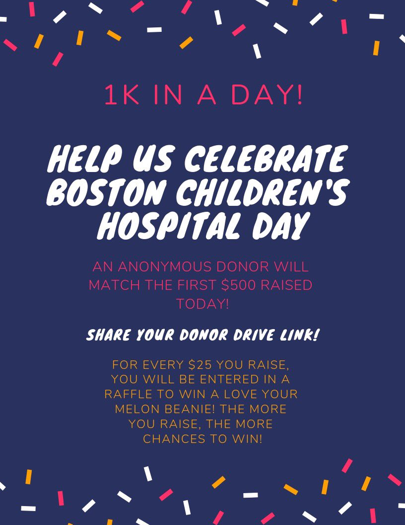 arniethon's tweet photo. Today is @BostonChildrens day! 🎉
Celebrate with us by sharing your donor drive page to help us raise $1,000 today! An anonymous donor will match the first $500 that we raise together! 😱 Lets double our funds #forthekids!!! SHARE! SHARE! SHARE YOUR DONOR PAGES!!! 💸 https://t.co/gZlorL5bn0