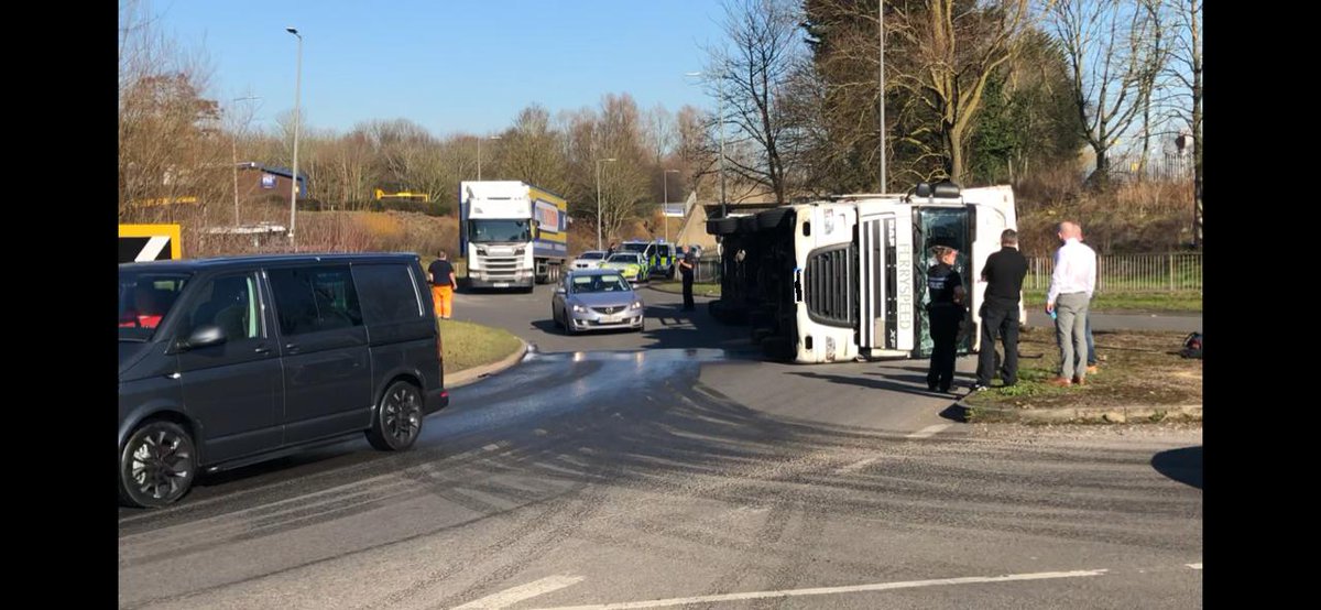 iancoms's tweet photo. avoid the Stacey bushes roundabout for a good 2-3 hours as a lorry has flipped over and is blocking the roundabout. Looks like the driver is out and not hurt #miltonkeynes #travel #MK https://t.co/P02yXAJVFw