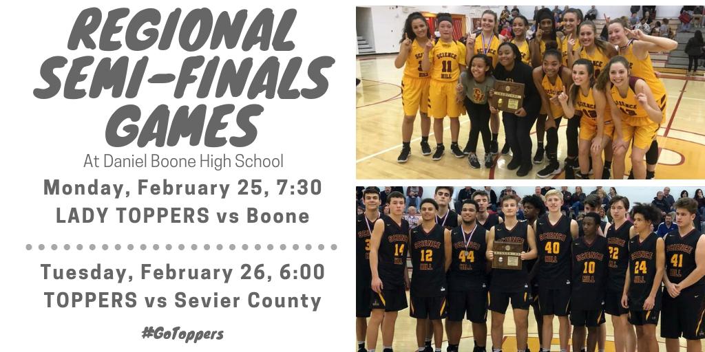 ScienceHill_JCS's tweet photo. Two big Topper Basketball games in the semi-finals this week. Both hosted at Boone High School. #GoToppers #WeAreScienceHill https://t.co/ze94Dr6lej