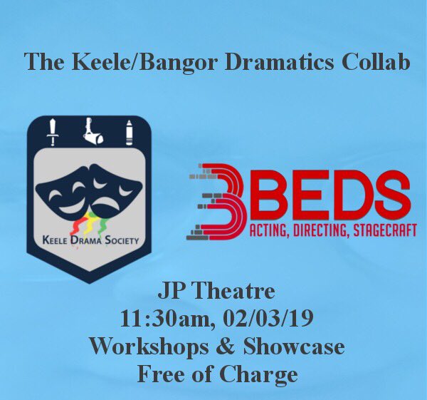 BEDSBangor's tweet photo. Right you lot! Bangor and Keele uni are teaming up for a mega-mix of workshops, mini-performances, and food! Come on down this weekend for FREE!! 

#bangoruni #keeleuni #acting #theatre #bangor #bangoruniversity #keeleuniversity #beds #keeledramasociety https://t.co/DcNb9mN5XV
