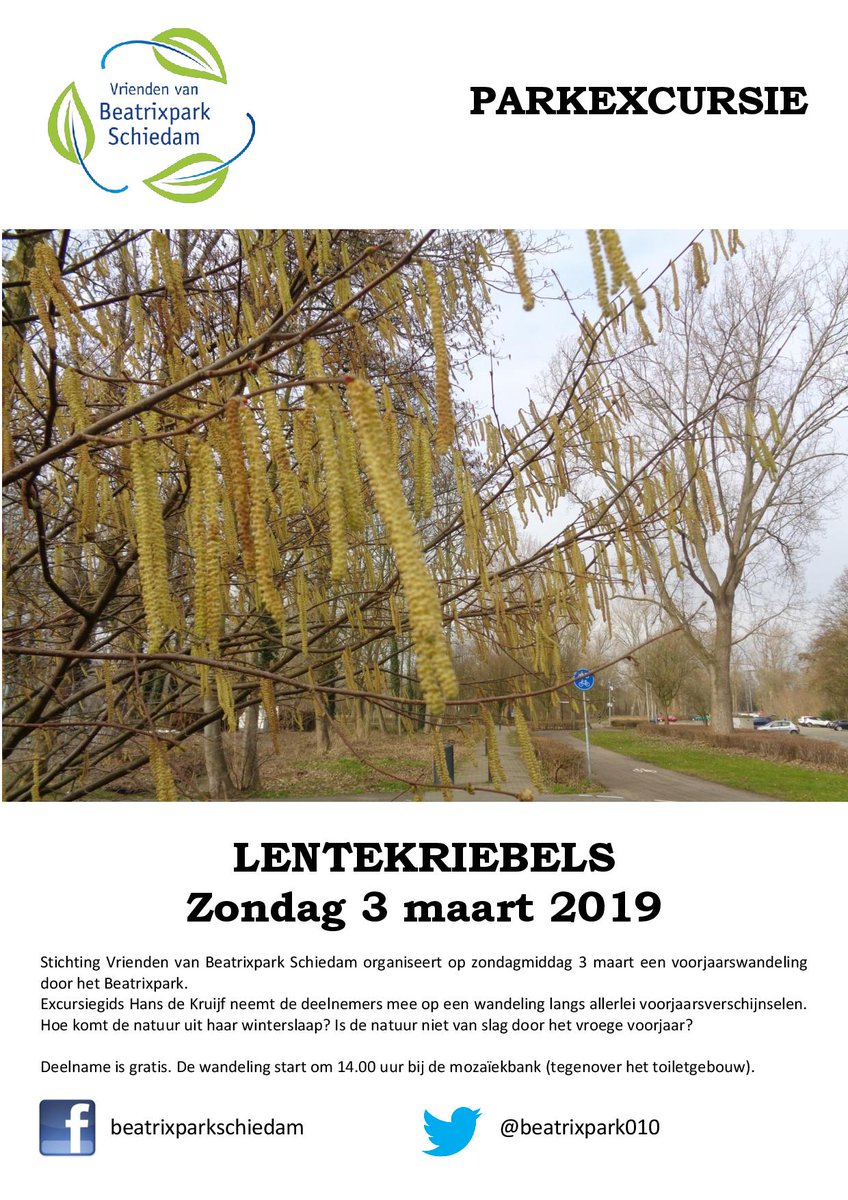 Zondag 3 maart organiseert Stichting Vrienden van Beatrixpark Schiedam weer een parkexcursie <a href="/beatrixpark010/">beatrixparkschiedam</a> #Schiedam. Dit keer is het thema LENTEKRIEBELS. We verzamelen om 14.00 uur bij het meeting point / de mozaiekbank tegenover het toiletgebouw en speeltuin Fort Drakensteijn