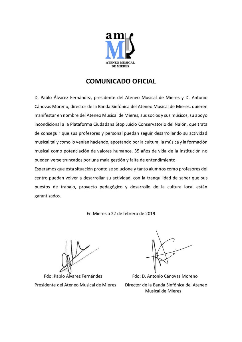 BandaMusMieres's tweet photo. Queremos manifestar todo nuestro apoyo a los compañeros del conservatorio Valle del Nalón en su lucha para defender la educación musical y la cultura en la zona. Estamos con vosotros #stopjuicioconsernalón #stopjuicio https://t.co/VZgxsgz8MK