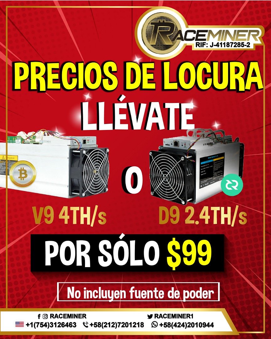 Raceminer1's tweet photo. ¡A MENOS DE $100!🔥📣 Qué precio de locura😎 para minar #bitcoin o #decred 💸💰 Equipos totalmente nuevos💡Comúnicate con alguna de nuestras Ejecutivas de Ventas🔊

Contáctanos:

_ ☎️+58(212)7201218
_📲+58(424)2010944
_ 🇺🇸+17543126463
📩ventas@raceminer.com https://t.co/7dH94qSbfY