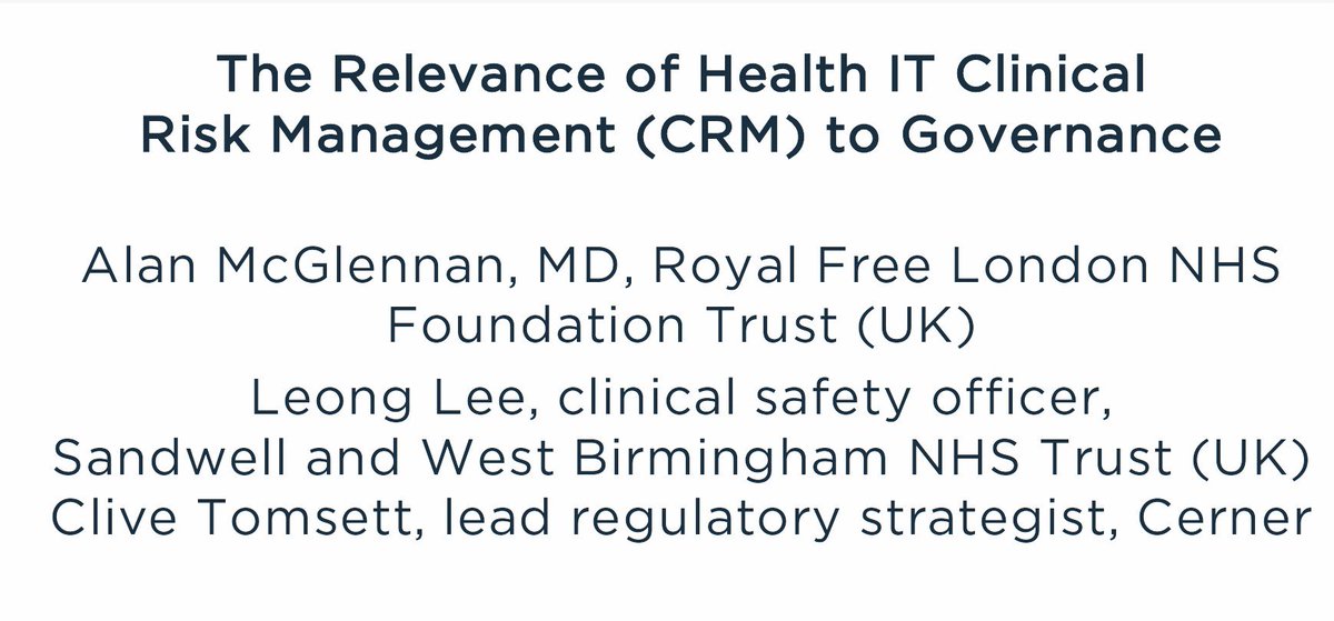Andy Carr (@ajpcarr) on Twitter photo Looking forward to "The Relevance of Health IT Clinical Risk Management to Governance" at the @CernerUK European Collaboration Forum #ECF19 tomorrow with Clive Tomsett <a href="/DrLeongLee/">Leong Lee</a> <a href="/alan_mcglennan/">McGlennan</a>
@Cerner <a href="/RoyalFreeNHS/">Royal Free London</a> <a href="/SWBHnhs/">SWB NHS Trust</a> Looking forward to "The Relevance of Health IT Clinical Risk Management to Governance" at the @CernerUK European Collaboration Forum #ECF19 tomorrow with Clive Tomsett <a href="/DrLeongLee/">Leong Lee</a> <a href="/alan_mcglennan/">McGlennan</a>
@Cerner <a href="/RoyalFreeNHS/">Royal Free London</a> <a href="/SWBHnhs/">SWB NHS Trust</a>