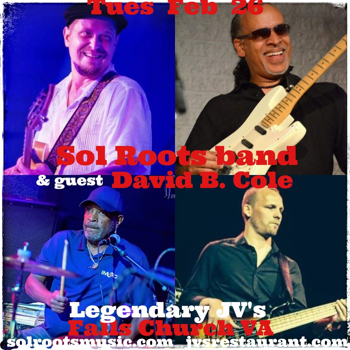 SolRoots's tweet photo. Tues Feb 26 @SolRoots band at #LegendaryJVs w guest #DavidBCole @FallsChurch VA. #funk #soul #blues #jazz #rock "Cole as played around the world w acts such as #PercySledge @Roberta_Flack #ArchieBell #LittleRoyal @IAmReginaBelle #Delfonics &amp; more" 
@WPFWDC @fcnp @AmeriBluesScene https://t.co/wUhVe6eZKa