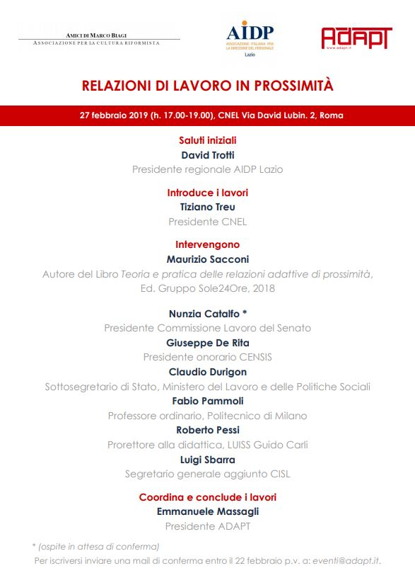 Vi aspettiamo mercoledì 27 febbraio dalle 17 al <a href="/cnel_it/">Consiglio Nazionale dell'Economia e del Lavoro</a> con <a href="/adaptland/">ADAPTLAND</a> e <a href="/AIDP_Lazio/">AIDP Lazio</a> per il Convegno "Relazioni di lavoro in prossimità". Tra i partecipanti: <a href="/MaurizioSacconi/">Maurizio Sacconi</a>, <a href="/EMassagli/">Emmanuele Massagli</a> <a href="/DavidTrottilab/">David Trotti</a>. Ecco il programma ↓