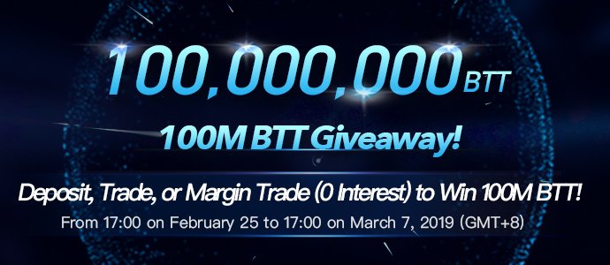 Are you a #BTT holder or trader?
Starting today, our <a href="/BitTorrent/">BitTorrent</a> promotion has been expanded till 7 March. #Deposit or #trade to win your share of 100M $BTT tokens!
 Full details here: huobiglobal.zendesk.com/hc/en-us/artic…