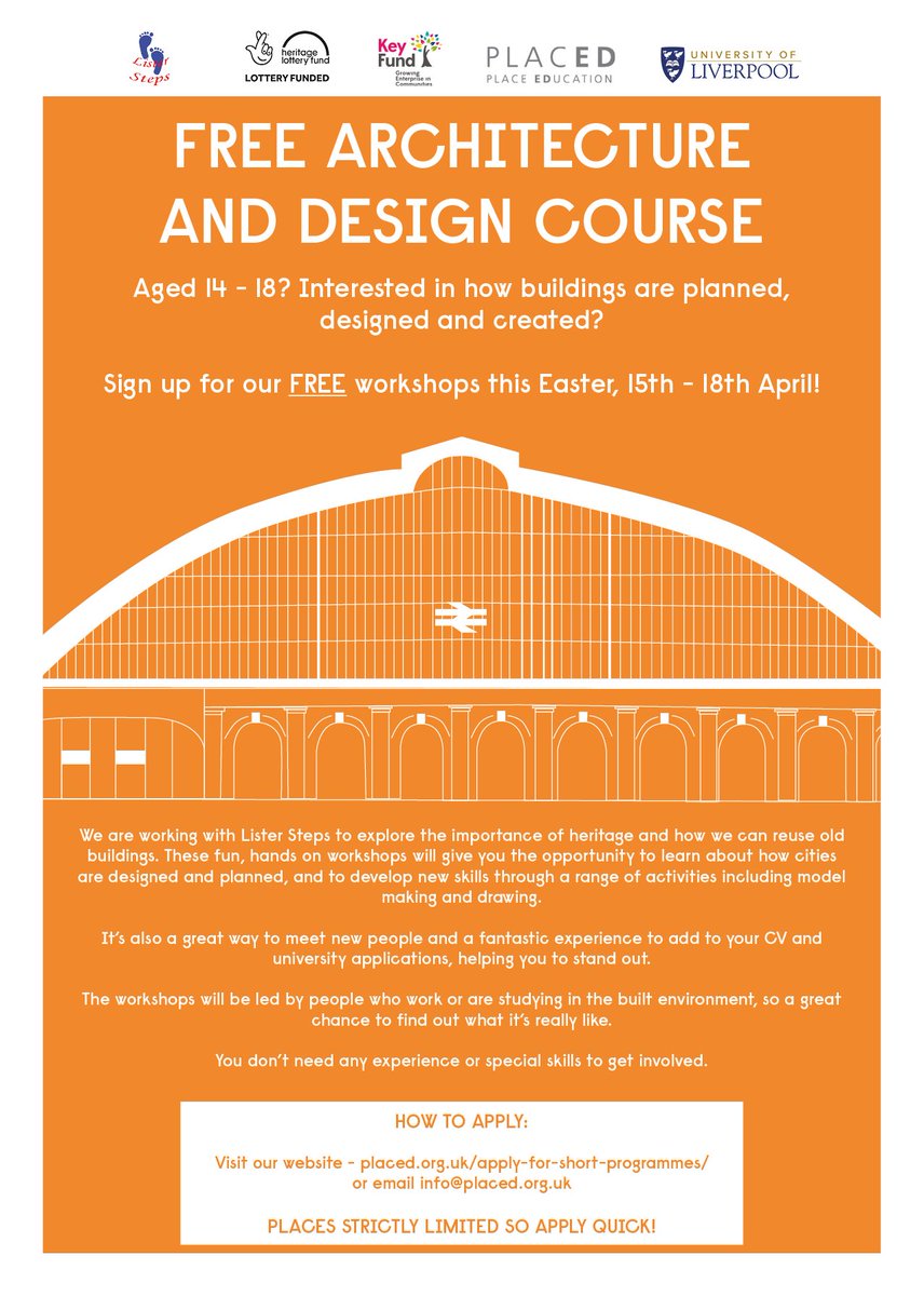 Applications have been flying in for our FREE Architecture &amp; Built Environment Easter School for 14-18 year olds with @ListerStepsHub hosted by <a href="/livuniplanning/">Planning and Civ D</a> &amp; funded by <a href="/HeritageFundUK/">The National Lottery Heritage Fund</a> @KeyFund Apply now for this fantastic 4 day programme! placed.org.uk/apply-for-shor…