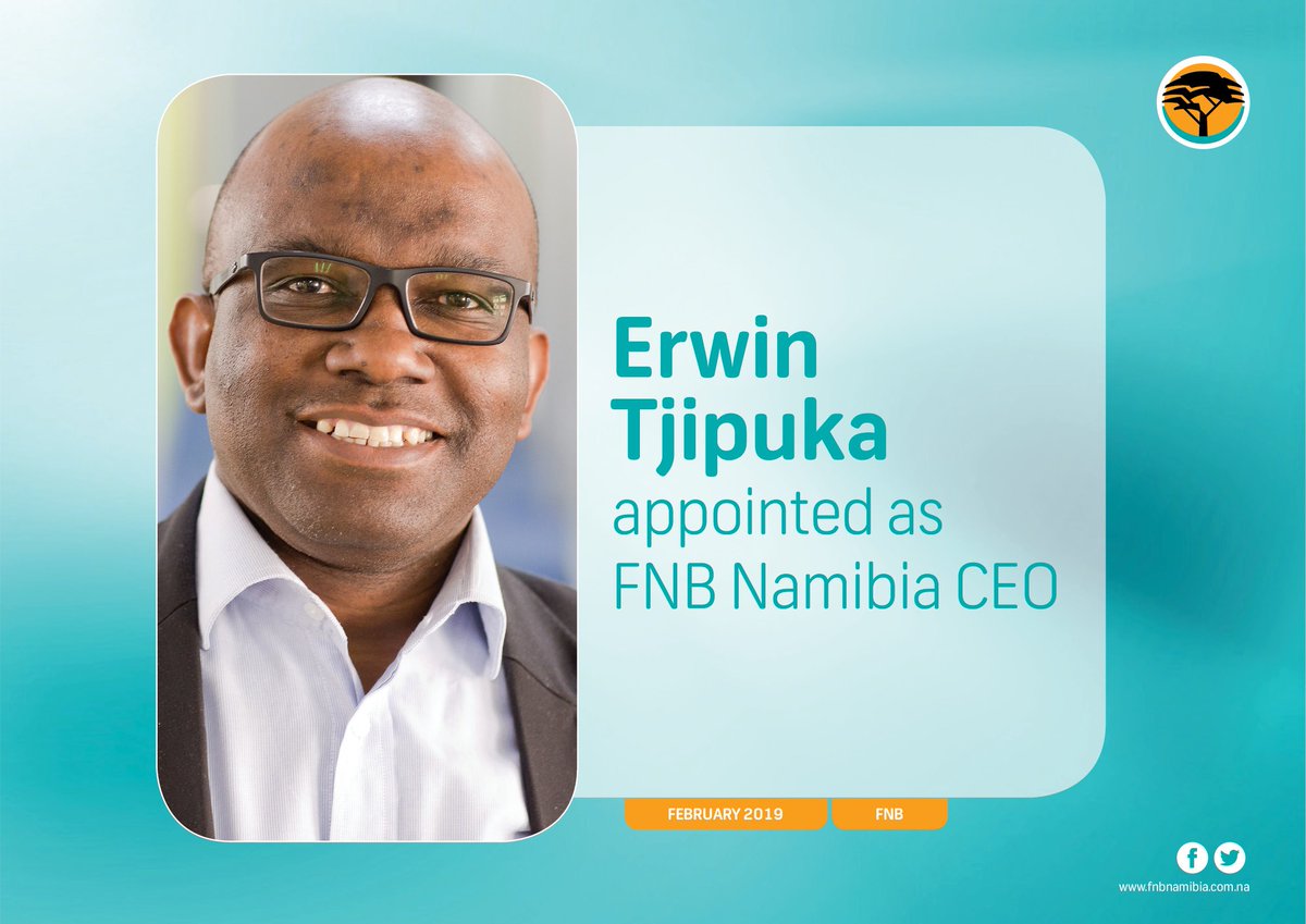 FNBNamibia's tweet photo. FirstRand Namibia Limited is proud to announce the appointment of Erwin Tjipuka as FNB Namibia Chief Executive Officer, effective 1 April 2019, while Sarel van Zyl will continue to serve in his role as CEO of the FirstRand Namibia Group. https://t.co/ZhrZJqY9NO