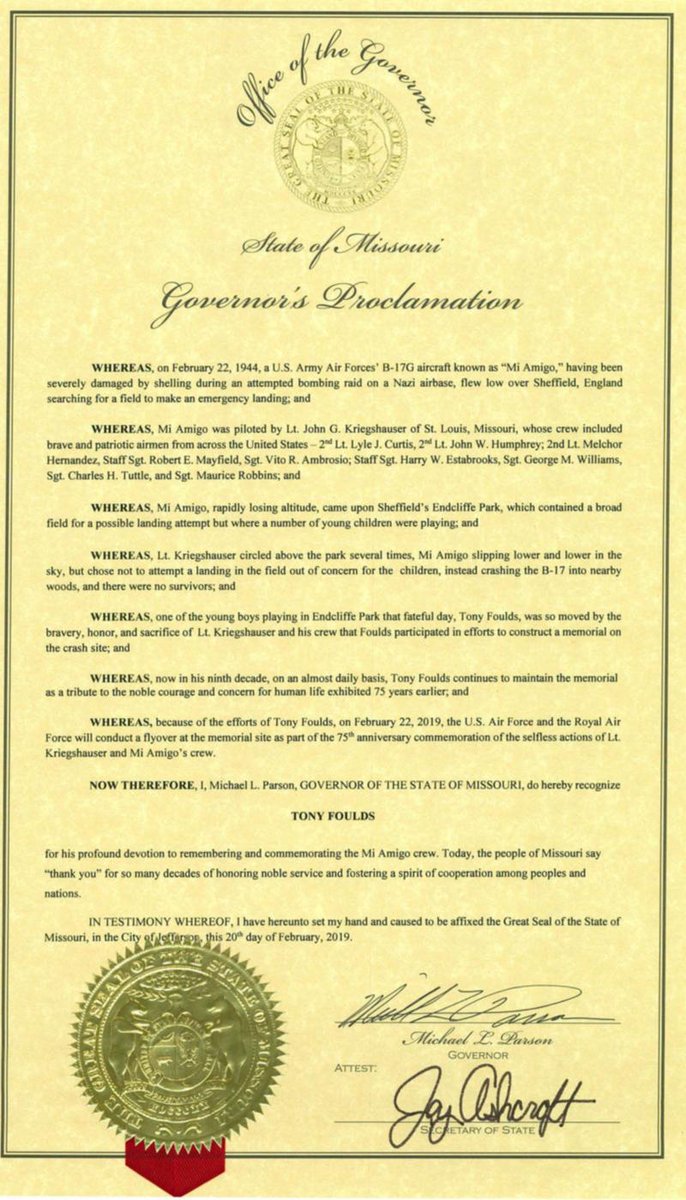 The Governor of Missouri commends Tony Foulds for honouring the 10 US Airmen who died in #Sheffield in 1944 💕 #RememberTheTen #TonyGotAFlypast @GovParsonMO @mrdanwalker #GetTonyAnHonour