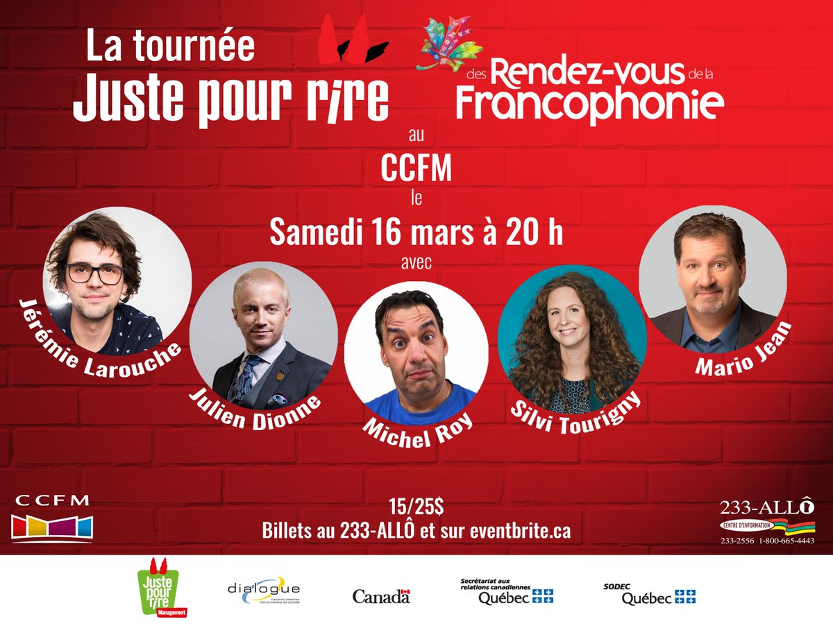 Sam 16 mars, la tournée Juste pour rire des @RVFrancophonie sera de nouveau de passage à Winnipeg. Au programme : deux heures de blagues avec les humoristes <a href="/JeremieLarouche/">Jérémie Larouche</a>, <a href="/Silvitourigny/">Silvi Tourigny</a>, Mario Jean, Michel Roy et Julien Dionne! Billets au 233-ALLÔ &amp; eventbrite.ca