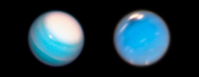 ESA_de's tweet photo. Neue #Hubble-Bilder zeigen #Uranus und #Neptun auf bisher ungekannte Weise. Das @ESA @NASA Weltraumteleskop untersucht die fernen Welten etwa einmal jährlich & beobachtet, wie sie auf ihren jahrzehntelangen Umlaufbahnen saisonale Veränderungen durchlaufen. https://t.co/wjRxUkSUFo https://t.co/S5U4fMQLTO
