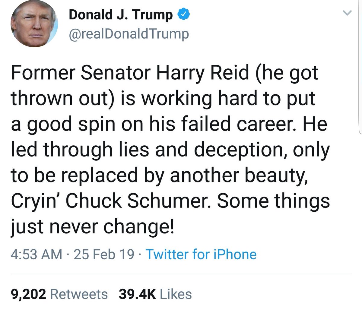 votevets's tweet image. Harry Reid has pancreatic cancer, and is towards the end of his life.

Harry Reid (100% DAV rating) was a friend and ally to veterans, in the Senate -- veterans who served, when Donald Trump was too chicken to.

Mr. Trump, with all due respect, for once, just shut up.