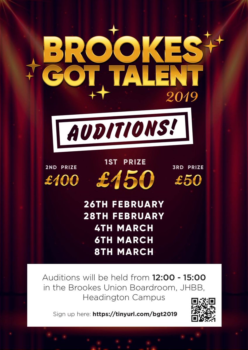 The Events Management Society are working with Brookes Union and Westgate Oxford to bring you Brookes Got Talent on the 21st of March 🎉
Fancy being part of the action? Come and audition for the 'Brookes Got Talent' Show! 
Click the link to sign up 👉 tinyurl.com/bgt2019