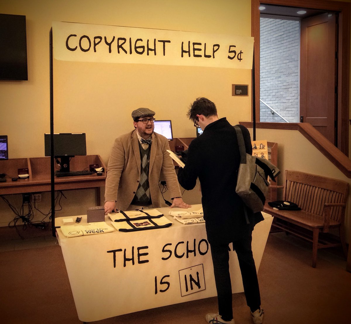 oscharvard's tweet photo. The Scholar is In! @KyleKCourtney at the @FairUseWeek booth in Widener Library. Come ask #copyright and #FairUse questions of him and other #CopyrightFirstResponders this M-Th 10-3 @HarvardLibrary https://t.co/JxMUghiGNn