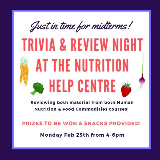 AcadiaNutrition's tweet photo. Just in time for midterms, @AcadiaU @AcadiaNutrition Help Centre is having a trivia &amp; review night on Mon Feb 25  from 4 to 6 pm. Join TA @Lydia_Acadia in #HugginsScienceHall 416 for review on 1st yr courses with prizes &amp; snacks. When not booked the Centre is used for studying 📚 https://t.co/WaFgfviCKq