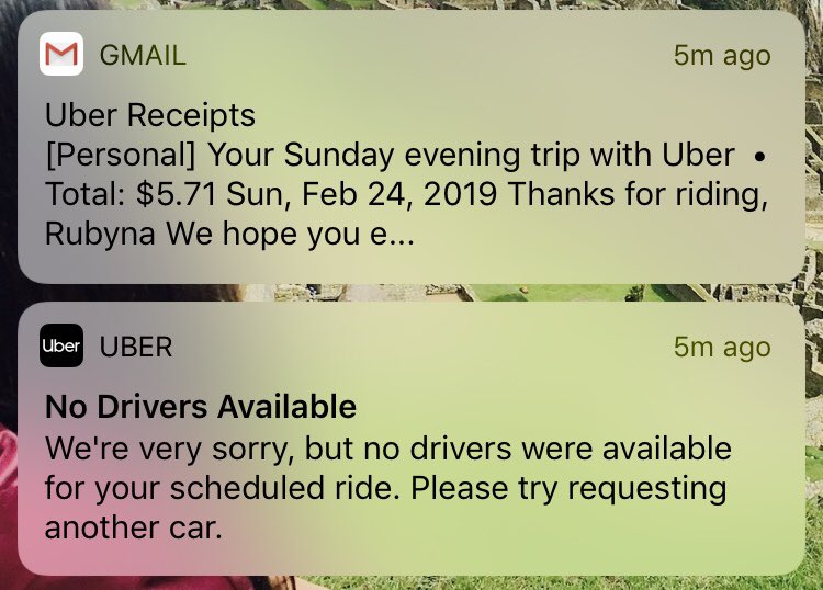 RubyJashanti's tweet photo. @Uber Can you explain why my scheduled ride would be canceled due to no available drivers, but you still charge for a “ride” that never was? https://t.co/xzBYaz08r7