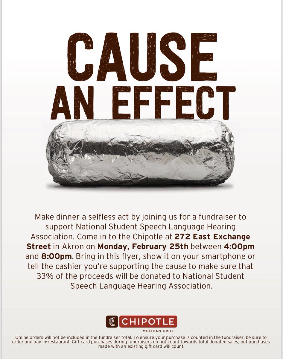 AkronNSSLHA's tweet photo. We have a chipotle fundraiser today!!!
•
It’s from 4-8 this time! &amp; like always, if you go, don’t forget to send your receipt to the NSSLHA email! https://t.co/MDA8FxtmTa