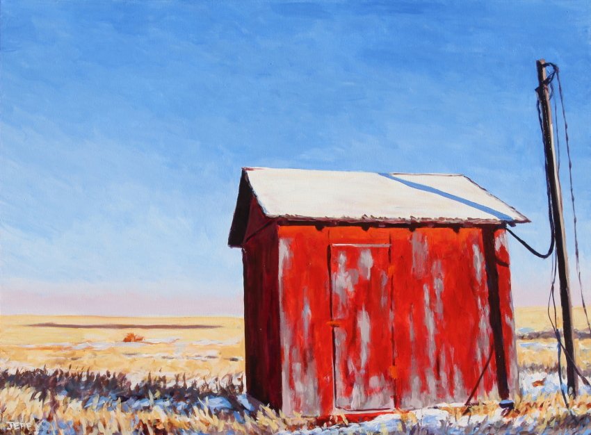 jeffwilsongeo's tweet photo. Well Shed, Acrylic, 30"x40", 2019.  This depicts a well shed covering a borehole south of Eastend, Saskatchewan, recognisable by the power line.

#art #acrylicpainting #realism #rural #landscape #prairie #redcoattrail #Saskatchewan #Canada #Saskatchewanart #Canadianart https://t.co/bbiYL2xJnh