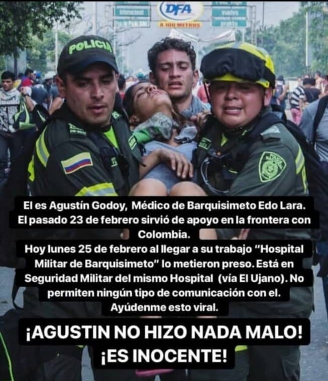 Funpaz2013's tweet photo. #25Feb hacemos responsable a los altos mandos militares de #Lara por la detención arbitraria del Medico Barquisimetano
José Agustín Godoy Sequera CI:29. 469. 921 de 29 años actualmente se encuentra secuestrado en el hospital militar de #Barquisimeto sin acceso a sus abogados https://t.co/EIty7NgaKi