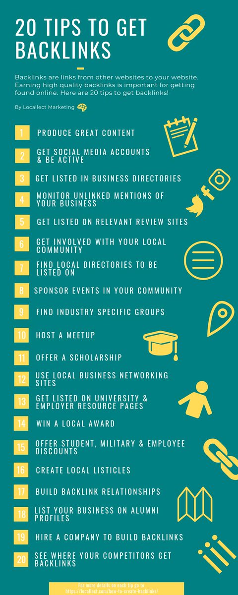 LocallectM's tweet image. Getting #backlinks is an important aspect of #searchengineoptimization. What are your favorite strategies for getting those sweet sweet backlinks? Check out our infographic with 20 tips to get backlinks and don&apos;t be shy to share your own tips 🙂.