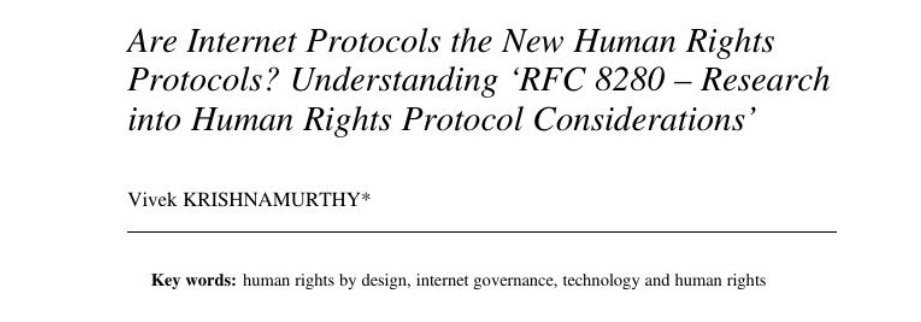 BHRJournal's tweet photo. Find Vivek Krishnamurthy's "Are Internet Protocols the New Human Rights Protocols? Understanding ‘RFC 8280 – Research into Human Rights Protocol Considerations’" on #BHRJ FirstView: https://t.co/G0k2bE8DpA #HumanRights #internetgovernance #techandhumanrights https://t.co/ZdNAK9TtFz