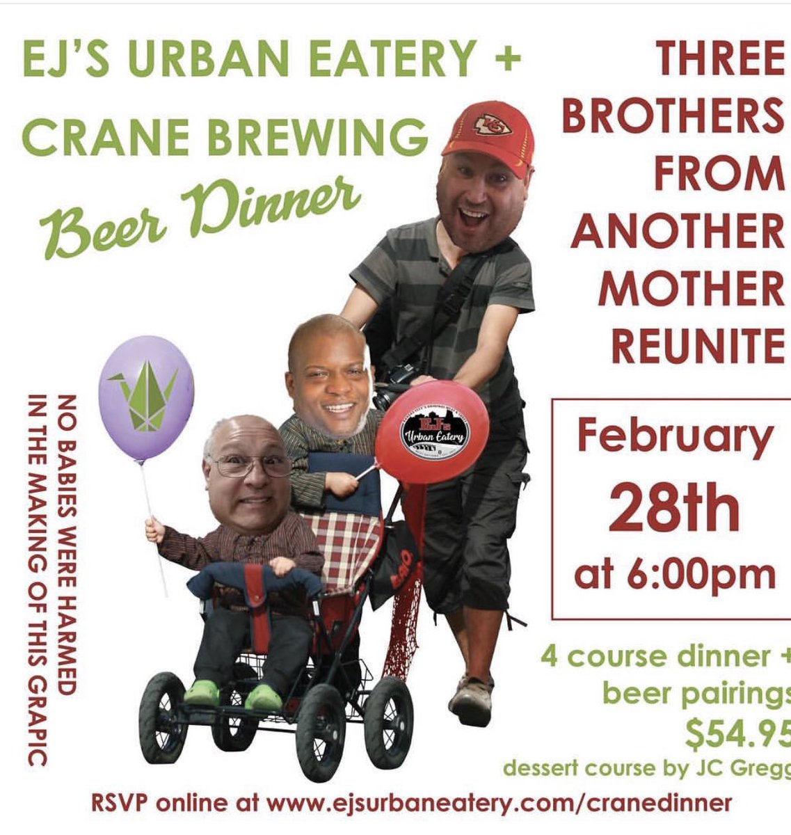 We're teaming up with our brother from another mother over at Crane Brewing Company for a Beer Dinner! Spots are limited, so grab yours before it's gone! 

View the full menu and RSVP at:
ejsurbaneatery.com/cranedinner