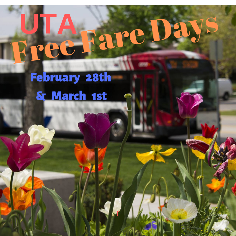 All UTA services will be FREE!! Join Orem's Natural Resources Stewardship Committee in curbing bad air by taking advantage of this special offer.  Ride ALL Frontrunner, Trax, and bus lines FREE Thursday 2-28 and Friday 3-1. Try something new. Breathe easier. Ride free. :)