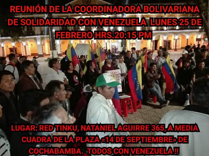 redtinku's tweet photo. #Cochabamba #Bolivia 
#Hoy #Lunes 25 de Febrero Reunión de la COORDINADORA BOLIVARIANA de Solidaridad con #Venezuela en Red Tinku. PAZ PARA VENEZUELA !!
EL IMPERIALISMO YANKI Y SUS LACAYOS NO PASARÁN !!
#La_Paz_Es_Ya #ManosFuerzaDeVenezuela

#FuerzaMaduro
#ChávezViveLaPatriaSigue https://t.co/DMfECDuaRp