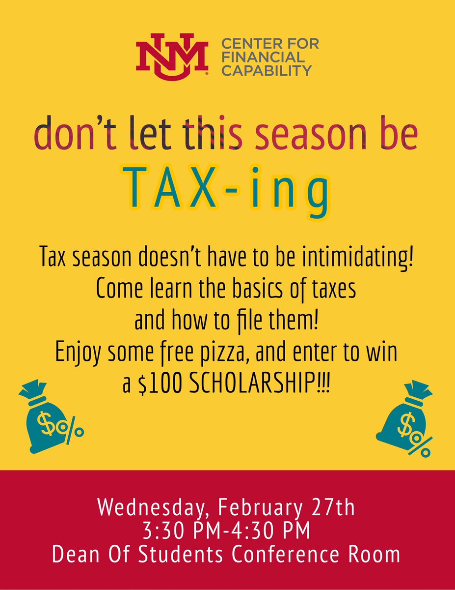 UNMCFC's tweet photo. Remember: our workshop “don’t let this season be TAX-ing” is THIS WEDNESDAY! Free pizza, drawing for a $100 scholarship AND assistance with the basics of taxes and filing them? Who could ask for more? 😍 
@UNM_DOS #unm #fiancialfreedom #yourewelcome https://t.co/HGd8WvA7Fu