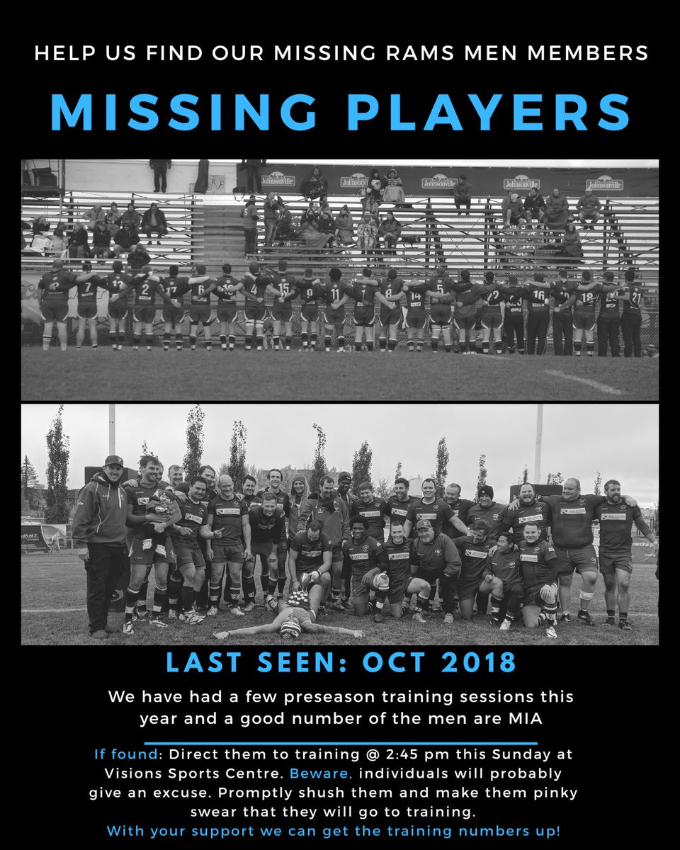Calgary Rams Rugby (@calgaryrams) on Twitter photo Better numbers at training yesterday, but with your help we can find the rest of the missing players. π
If you see any of these men, please send them to training Sundays at 3. Better numbers at training yesterday, but with your help we can find the rest of the missing players. π
If you see any of these men, please send them to training Sundays at 3.