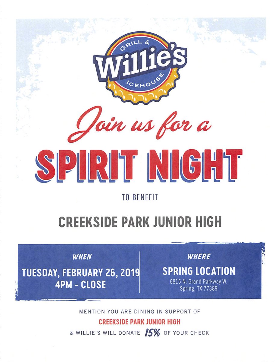 CPJH_PTO's tweet photo. Don't forget - tomorrow is Spirit Night at Willies! https://t.co/B8h1pOtivb