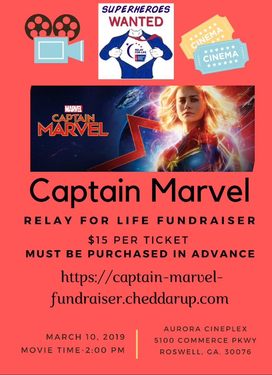 Dolvin Relay 4 Life (@teamdolvinrfl) on Twitter photo Come watch Captain Marvel and support <a href="/RelayForLife/">RelayForLife</a> and <a href="/AmericanCancer/">American Cancer Society</a>. Tickets must be purchased in advance!! #Irelaywhatsyoursuperpower Come watch Captain Marvel and support <a href="/RelayForLife/">RelayForLife</a> and <a href="/AmericanCancer/">American Cancer Society</a>. Tickets must be purchased in advance!! #Irelaywhatsyoursuperpower