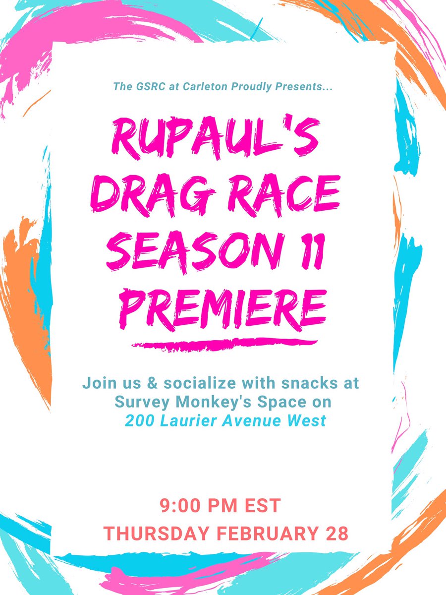 cusagsrc's tweet image. Snacks, Ru Paul’s Drag Race and some great folks—what more could you ask for? 🏳️‍🌈 Join us this Thursday at 9:00pm at 200 Laurier Avenue West (Survey Monkey’s space) for RuPaul’s Drag Race Season 11 Premiere!! 
•
[image description] details on pink,blue and orange background.