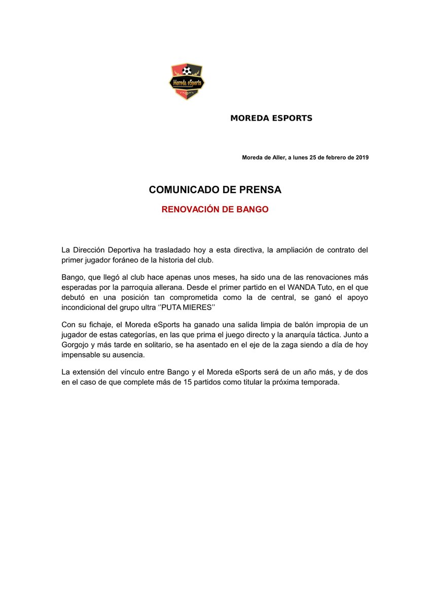 COMUNICADO OFICIAL: Renovación de Bango #Moreda1yno51
