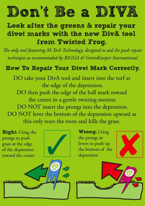 thetwistedfrog's tweet photo. ⚠️ WARNING ⚠️ A lot of bad ball mark repair advice is being given out that will end up doing more damage to your greens. Follow this handy guide as recommended by @BIGGALtd to repair your ball marks correctly for better greens for us all #Divottool #golf #pga #greens #golftool https://t.co/ZJDIeO3F7H