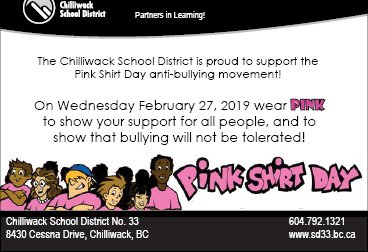 ChilliwackSD33's tweet photo. February 27 is #pinkshirtday. Wear pink on Wednesday to show your support of the fight against bullying! #sd33learns https://t.co/ejCB7U3avP
