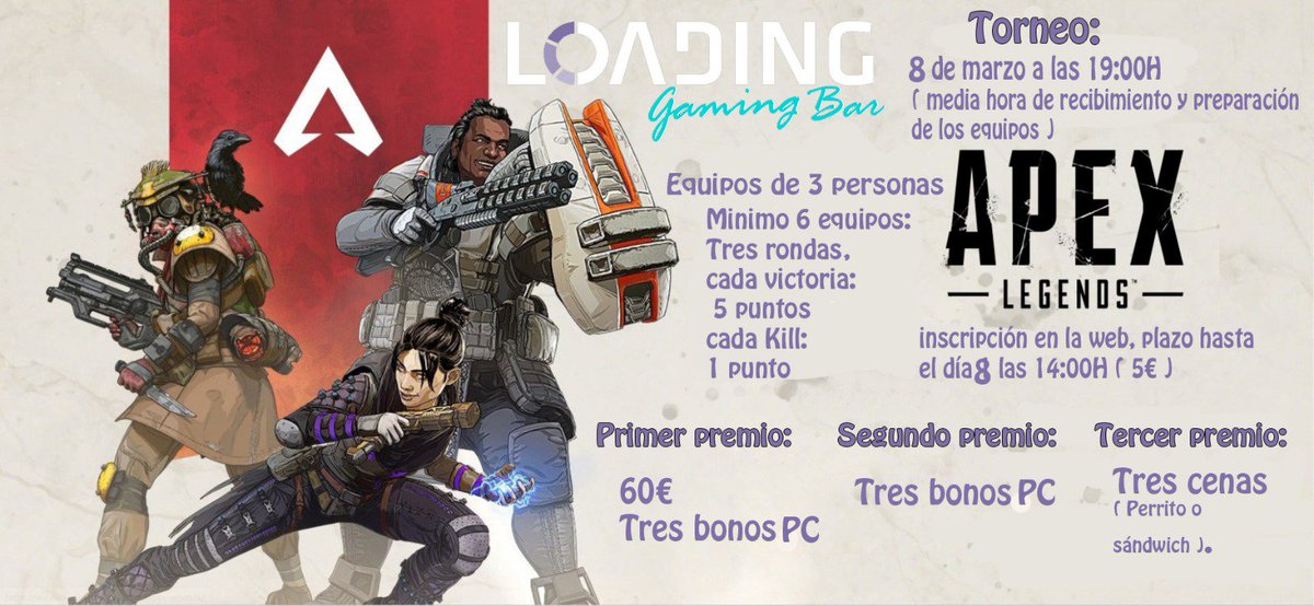LoadingMadrid's tweet photo. ¡Ya tenemos fecha para el primer #torneo de #ApexLegends!
¡El 8 de marzo os esperamos!
¡Apuntaos en la web!
#juego #gamingbar #bar #cervecería #loadingMadrid #vallecas #Vallekas #premios #pc #consola #apex #ApexLegendsBattleRoyale https://t.co/DqNn2rWH7R