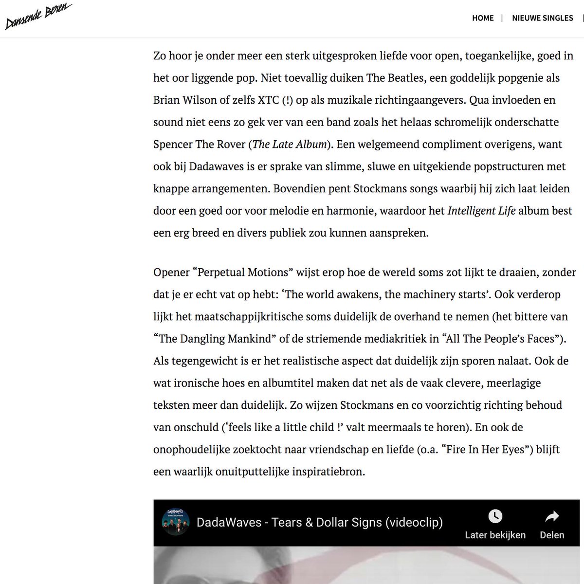 DadaWaves's tweet photo. Mooie woorden over de nieuwe @DadaWaves-plaat. Luister straks ook naar de titeltrack 'Intelligent Life' + interview op Radio2: deze week elke avond in 'De Lage Landen' (21u-22u)! #interview #newalbum https://t.co/12Td0P9CUr
